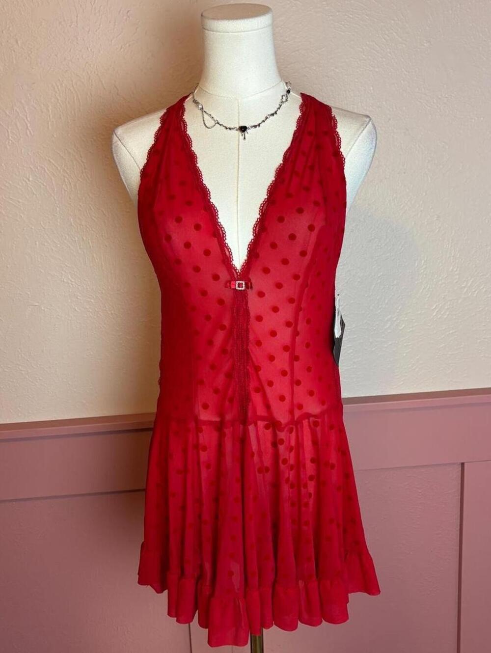 polka dot ruffle lace mini dress  seductive wear by cinema etoile red nwt sz xl